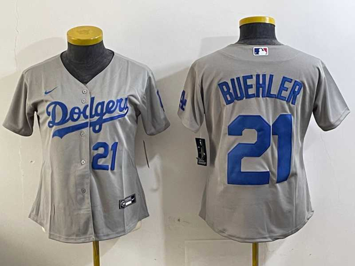 Womens Los Angeles Dodgers #21 Walker Buehler Number Grey Stitched Cool Base Nike Jerseys